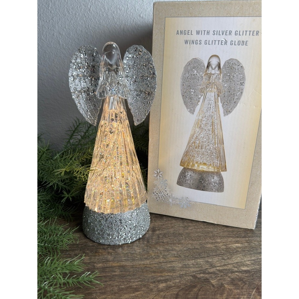 Cracker Barrel Angel Glitter Globe Lighted Swirling Glitter Silver Wings 9.5in